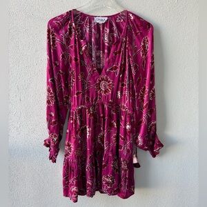 Omika Tiered Boho Mini Dress‎ Size XS  Pink Floral Peasant Cottage Soft Cowgirl